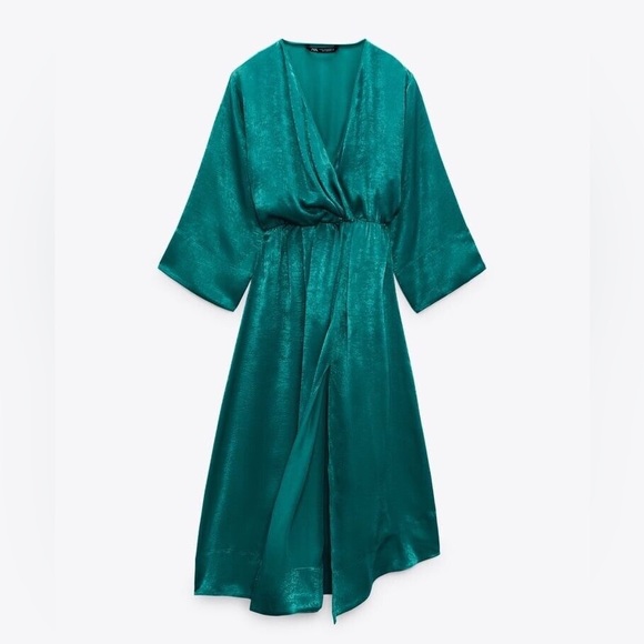 ZARA SATIN EFFECT MIDI TEAL DRESS - Picture 5 of 5
